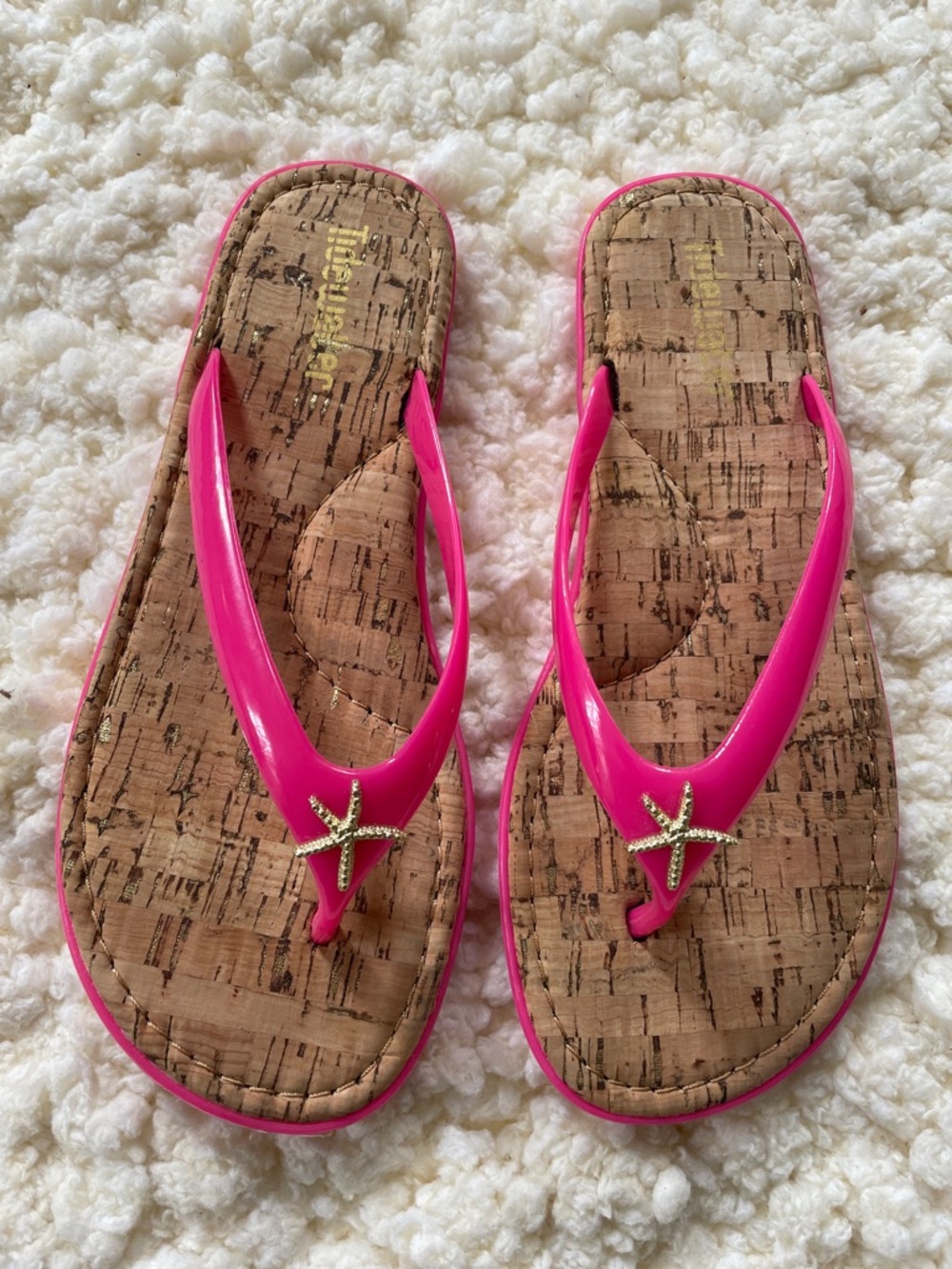 Women's Hot Pink Cork Flip Flop Sandals with Starfish Accent